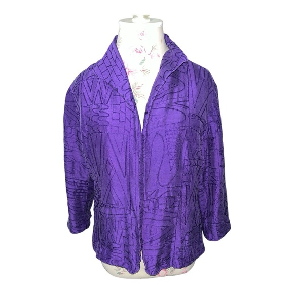 Chico's 100% Silk Embroidered Purple Blazer with Open Front - Picture 1 of 11